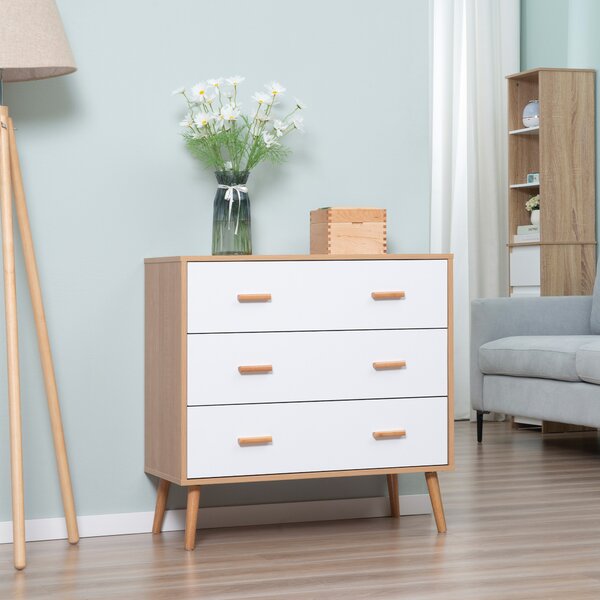 HOMCOM Cassettiera 3 Cassetti Moderno Rialzata in Legno, per Soggiorno e Camera da Letto, 80x39x80 cm, Bianco e color Legno|Aosom Italy