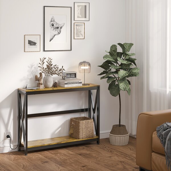 HOMCOM Tavolo Moderna da Ingresso Stile Industriale con Prese di Corrente e USB, Consolle Legno e Acciaio, 100x24x75cm, Marrone