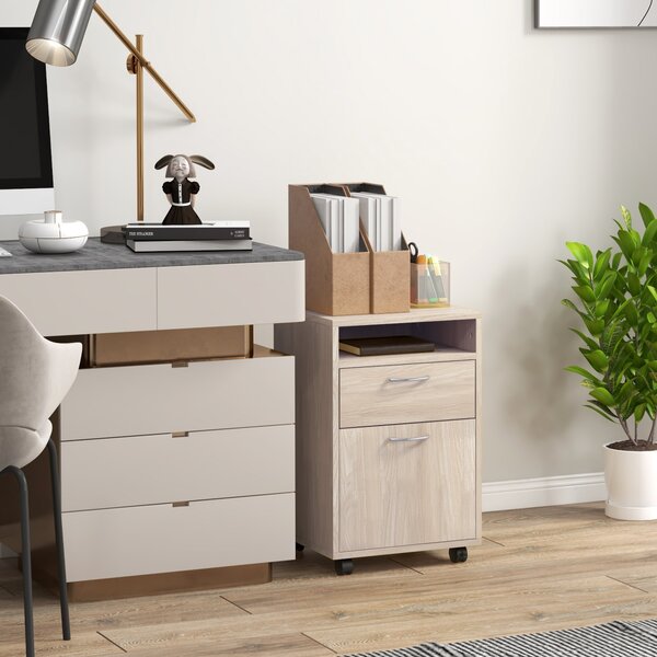 HOMCOM Cassettiera da Ufficio Portadocumenti con Ripiano Aperto e 2 Cassetti, in Legno e Metallo, 40x35x60 cm, Rovere