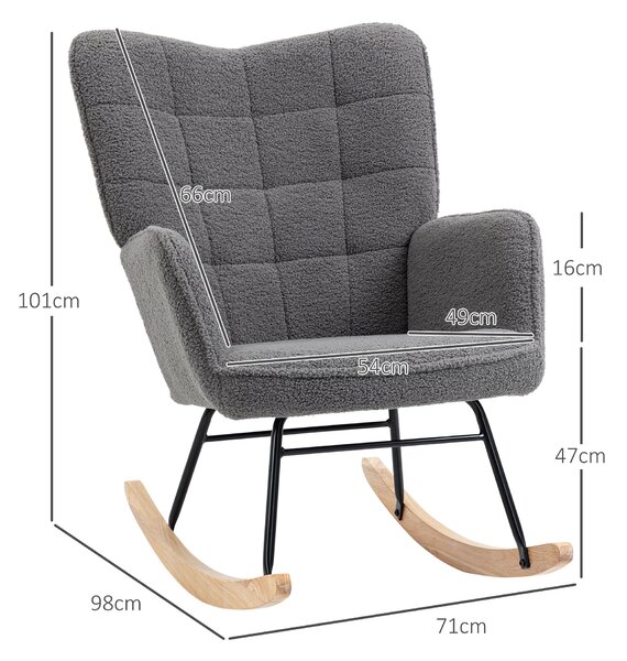 HOMCOM Poltrona a Dondolo Imbottita in Legno e Acciaio per Soggiorno e Camera da Letto, 71x98x101 cm, Grigio Scuro
