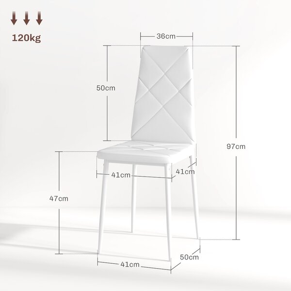 HOMCOM Set di 2 Sedie da Pranzo Moderne con Schienale Alto in Finta Pelle e Acciaio, 41x50x97 cm, Bianco