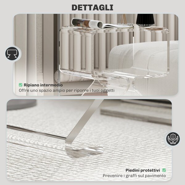 HOMCOM Tavolino Basso Geometrico a 2 Livelli in Acrilico con Gambe Triangolari, 40x30x45 cm, Trasparente