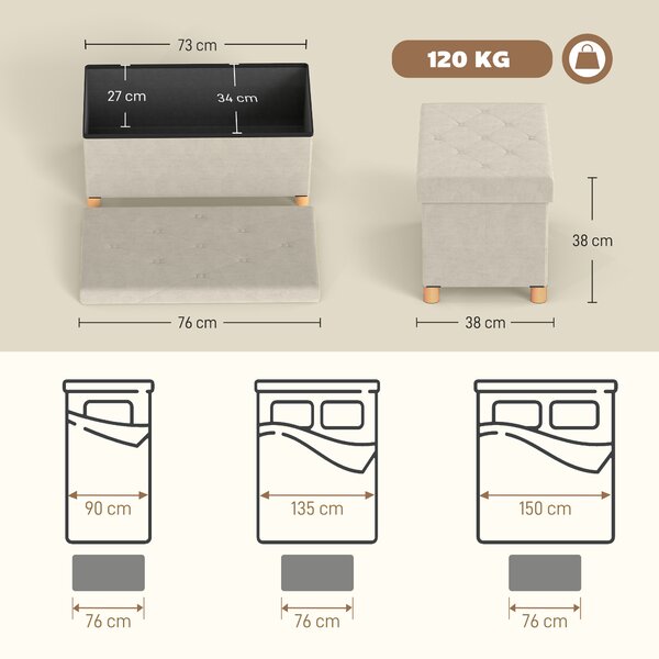 HOMCOM Panca Contenitore Pieghevole da 67L, Coperchio Imbottito e Rivestimento Vellutato, 76x38x38cm, Crema