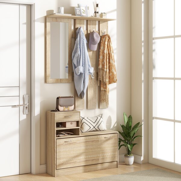 HOMCOM Mobile Appendiabiti 3 in 1 con Scarpiera e Specchio, Ganci e Cassetti, in Legno, 90x24x177 cm, color Quercia