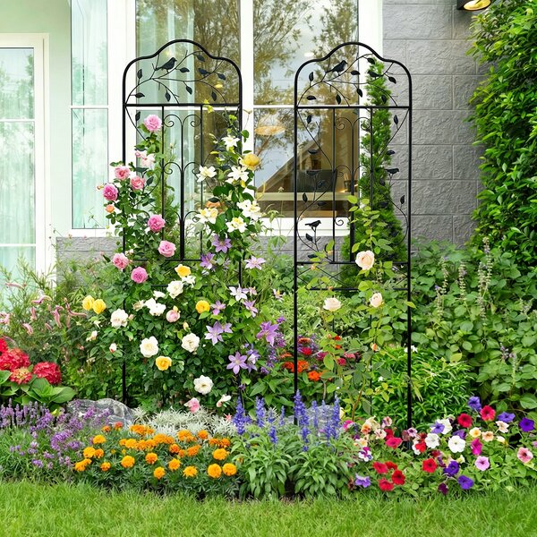 Costway Graticcio da giardino per piante rampicanti con ripiano pieghevole, Recinzione per viti da esterno per fiori Nero