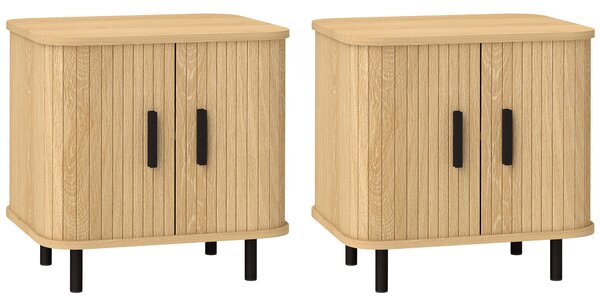 HOMCOM Set 2 Comodini Nordico con porte a scorrimento e Ripiano a 2 Livelli, in Legno e Acciaio,con piedini protettivi, Nero e Rovere| Aosom Italy