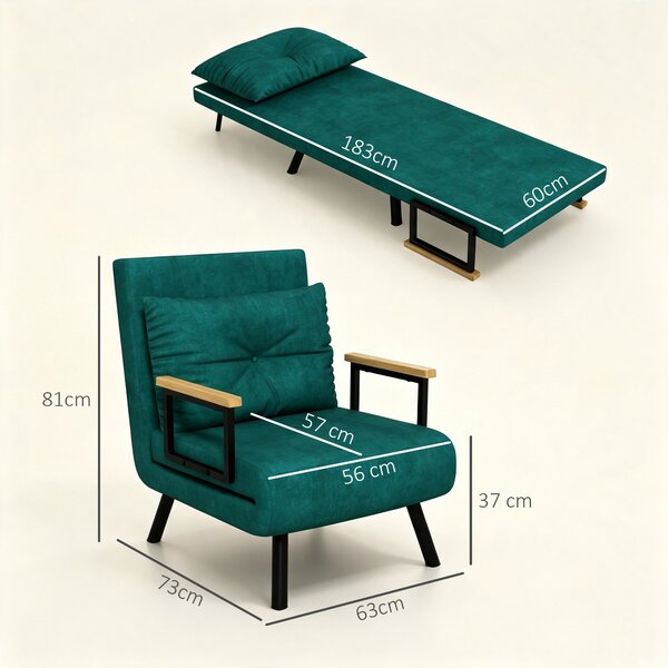 HOMCOM Poltrona Letto 3 in 1 con Schienale Reclinabile in 5 Posizioni e Cuscino, struttura in acciaio e braccioli in legno, 63x73x81 cm, Verde | Aosom Italy