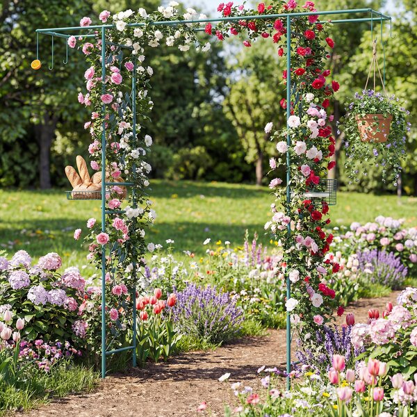 Costway Pergolato a arco con ciotola d'acqua e vassoio a rete, Stazione di alimentazione per uccelli da giardino Verde