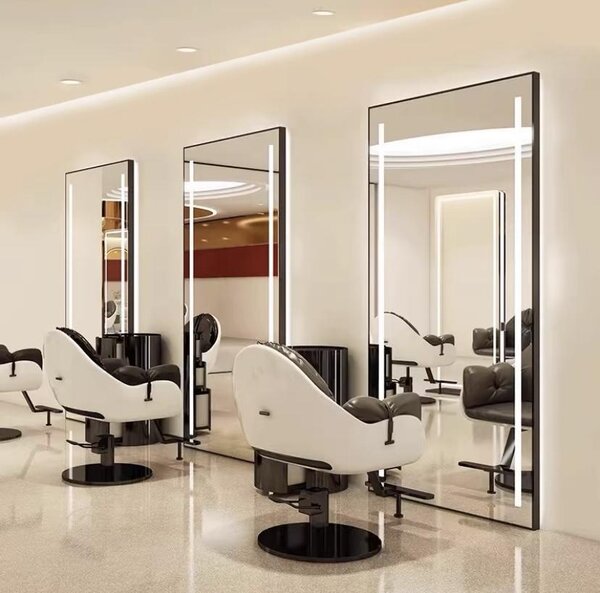 Consolle professionale per parrucchieri, barbieri ed estetica con specchio LED 200x80, nera