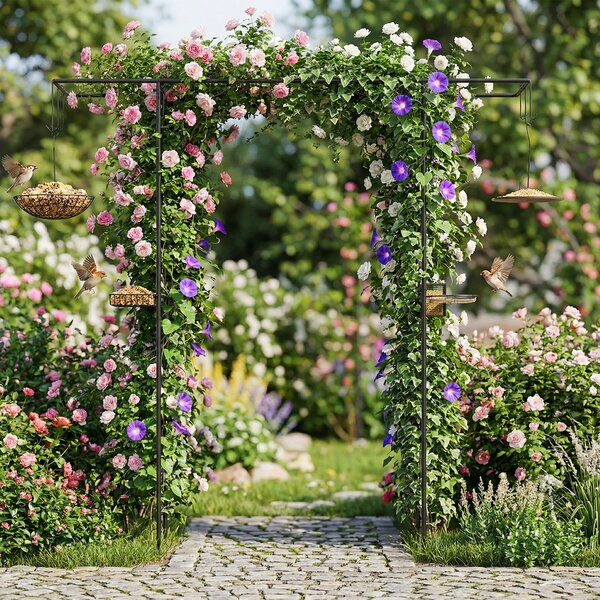 Costway Pergolato a arco con ciotola d'acqua e vassoio a rete, Stazione di alimentazione per uccelli da giardino Nero