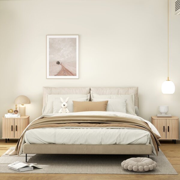 HOMCOM Set 2 Comodini Nordico con porte a scorrimento e Ripiano a 2 Livelli, in Legno e Acciaio,con piedini protettivi, Nero e Rovere| Aosom Italy
