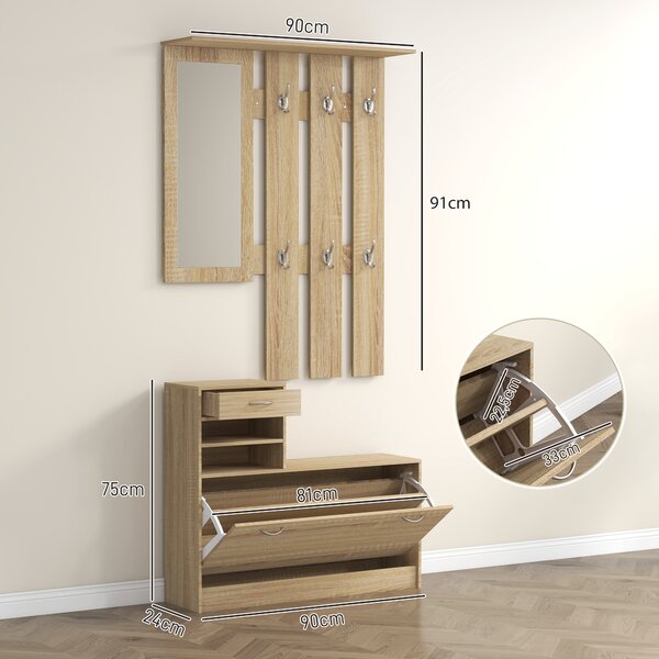 HOMCOM Mobile Appendiabiti 3 in 1 con Scarpiera e Specchio, Ganci e Cassetti, in Legno, 90x24x177 cm, color Quercia