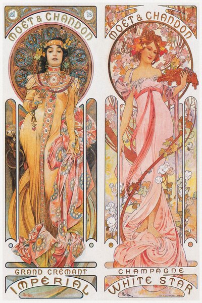 Stampa artistica Mo t Chandon Champagne Beautiful Pair of Art Nouveau Lady Advertisement - Alfons Alphonse Mucha, (26.7 x 40 cm)