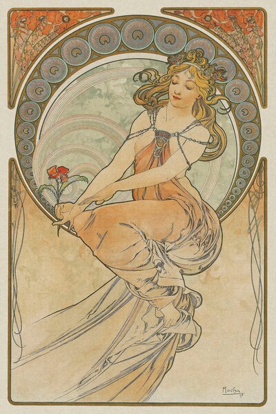 Riproduzione The Arts 3 Heavily Distressed Beautiful Vintage Art Nouveau Lady - Alfons Alphonse Mucha, (26.7 x 40 cm)