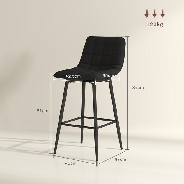 HOMCOM Set 2 Sgabelli da Cucina Stile Nordico in Tessuto Effetto Velluto e Metallo, 45x47x84 cm, Nero