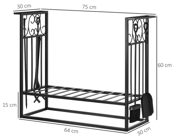 HOMCOM Portalegna Rialzato per Camino in Acciaio Antiruggine, per Interni ed Esterni, 4 Attrezzi Inclusi, 75x30x60cm|Aosom