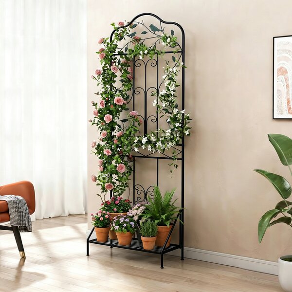 Costway Set di 2 graticci da giardino per piante rampicanti con ripiano pieghevole, Set di 2 recinzioni esterne per viti e fiori Nero