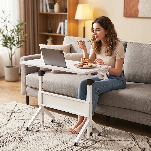 Costway Scrivania mobile in piedi regolabile 70-117 cm ruote bloccabili, Tavolo per laptop 80x40 cm con portabicchieri e cestino Bianco