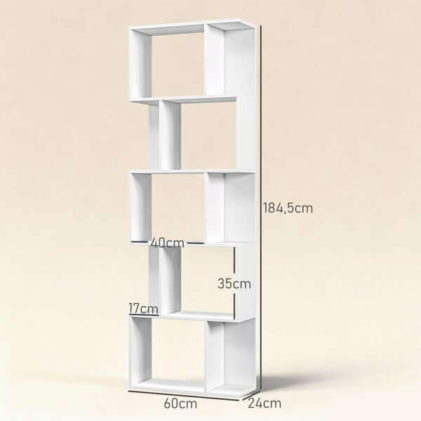 HOMCOM Scaffale Libreria Versatile a 5 Ripiani, Salvaspazio a Forma di S in Legno con Divisorio, 60x24x184.5 cm, Bianco| Aosom Italy