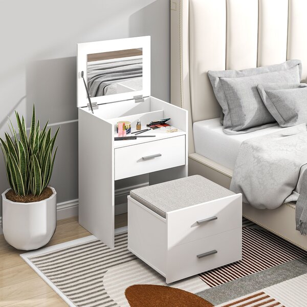 HOMCOM Tavolo da Trucco in Legno con Specchio Ribaltabile, 2 Cassetti e Sgabello, 50x40x113.5 cm, Bianco
