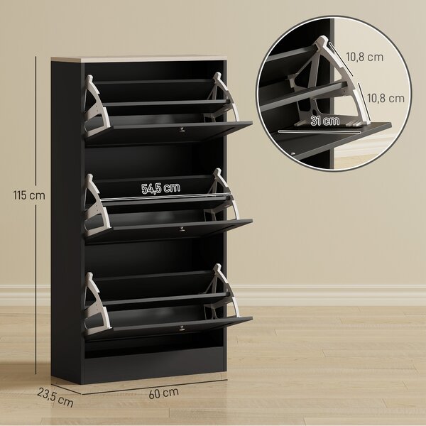HOMCOM Scarpiera Mobile Moderno Salvaspazio a 3 Cassetti con Ripiani Regolabili su 2 Livelli, per 18 Paia di Scarpe, 60x23.5x115 cm, Nero|Aosom Italy