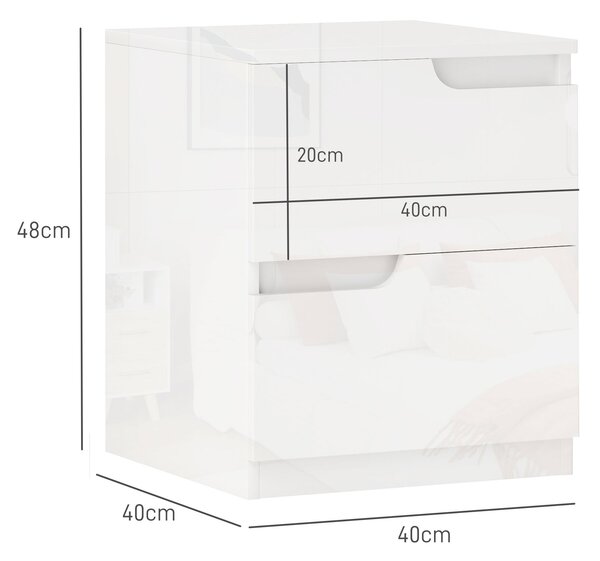 HOMCOM Cassettiera Moderno con 2 Cassetti senza maniglie in Legno e Design Lucido, guide in acciaio, 40x40x48 cm, Bianco|Aosom Italy