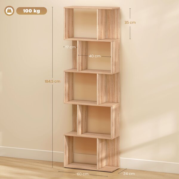 HOMCOM Scaffale Libreria Versatile a 5 Ripiani, Salvaspazio a Forma di S in Legno con Divisorio, 60x24x184.5 cm, Color Legno| Aosom Italy