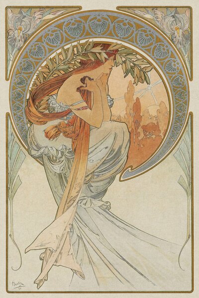 Riproduzione The Arts 4 Heavily Distressed Beautiful Vintage Art Nouveau Lady - Alfons Alphonse Mucha, (26.7 x 40 cm)