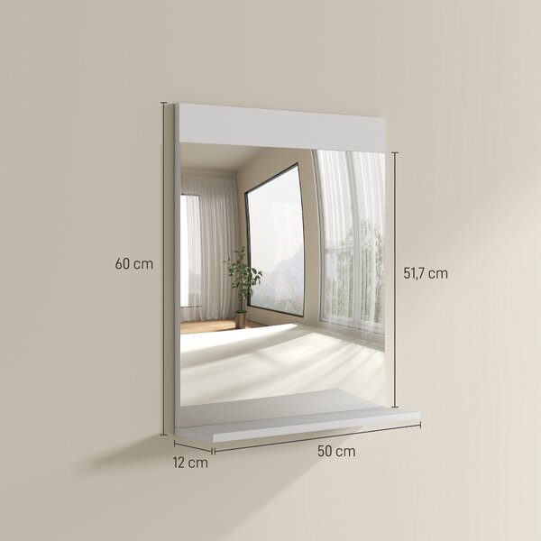 HOMCOM Specchio Bagno da Parete Moderno con Mensola Portaoggetti, in Vetro e MDF, 50x12x60 cm, Bianco