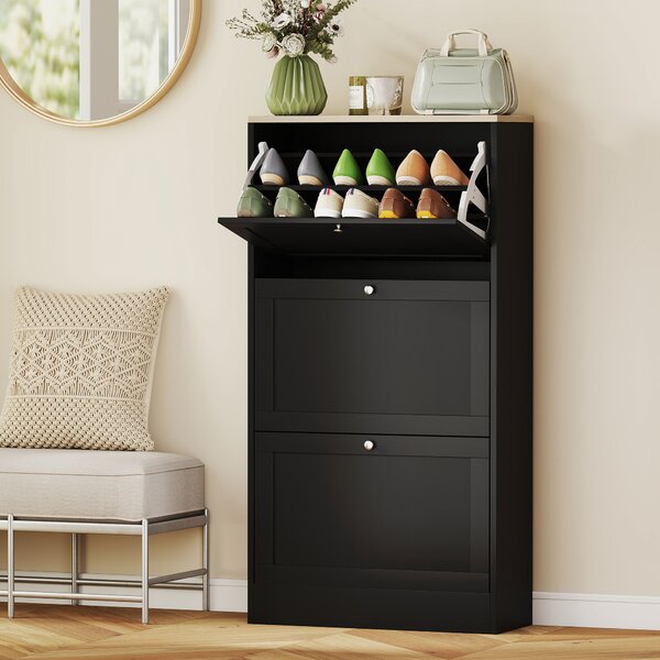 HOMCOM Scarpiera Mobile Moderno Salvaspazio a 3 Cassetti con Ripiani Regolabili su 2 Livelli, per 18 Paia di Scarpe, 60x23.5x115 cm, Nero|Aosom Italy