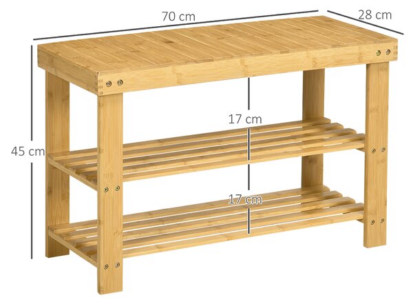 HOMCOM Panca Scarpiera Bassa in Bambù con 2 Ripiani a Doghe e Seduta, 70x28x45 cm, Naturale