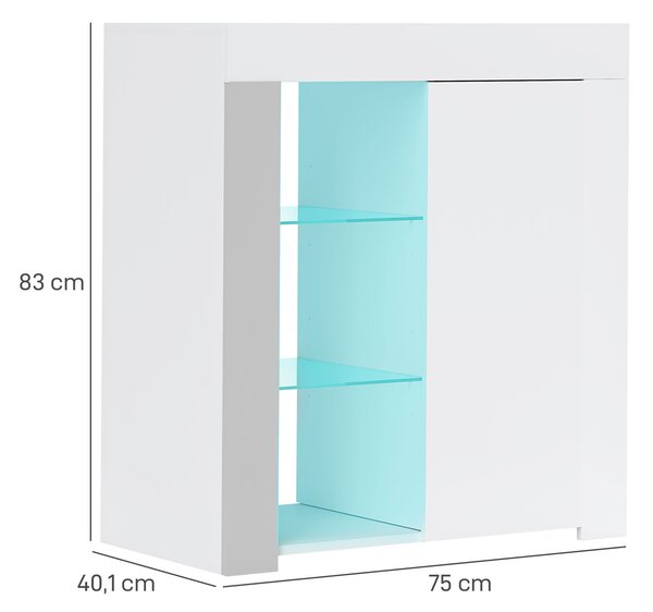 HOMCOM Mobile Contenitore a LED con 3 Ripiani Aperti e Armadietto a 2 Livelli, in Legno e Vetro, 75x40.1x83 cm, Bianco