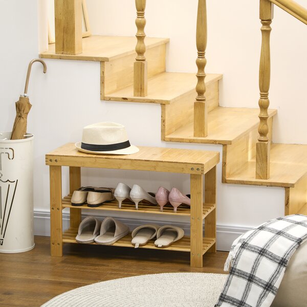 HOMCOM Panca Scarpiera Bassa in Bambù con 2 Ripiani a Doghe e Seduta, 70x28x45 cm, Naturale