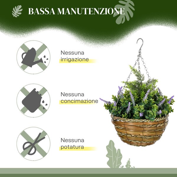 Outsunny Set 2 Piante Finte di Lisianthus con Vaso e Gancio, in PE e Vimini, Ø25x34 cm, Verde e Viola