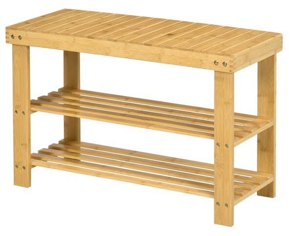 HOMCOM Panca Scarpiera Bassa in Bambù con 2 Ripiani a Doghe e Seduta, 70x28x45 cm, Naturale