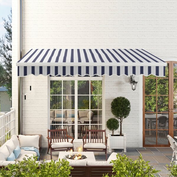Outsunny Tenda da sole a bracci retraibili con Manovella, Tenda Parasole a Manovella in Metallo e Alluminio, 395x245 cm, Blu e Bianca | Aosom Italy