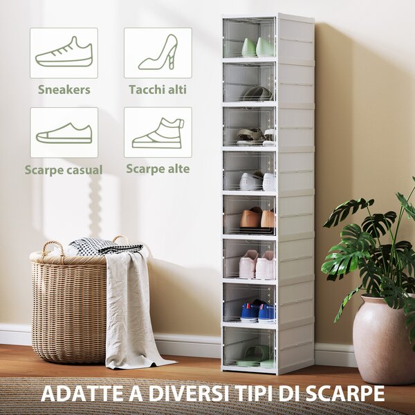 HOMCOM Scarpiera con 8 Contenitori per Scarpe Impilabili e Pieghevoli con Pannello Trasparente, Bianco