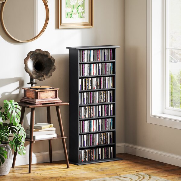 HOMCOM Mobile Scaffale Porta CD con 6 Ripiani Regolabili, Capacità di 360 CD/185 DVD, Design Moderno in Legno 58x24x124.5 cm, Nero|Aosom Italy
