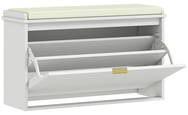 HOMCOM Panca Scarpiera con Ripiano Interno, in Legno e Tessuto Effetto Lino, 80x26x47.5 cm, Bianca e Beige