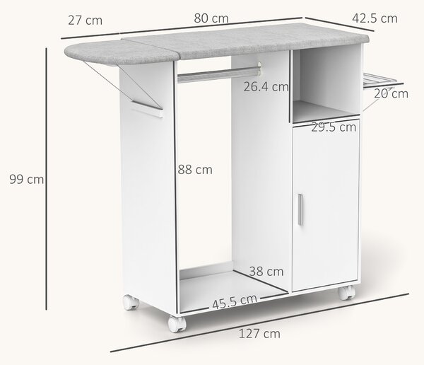HOMCOM Mobile Asse da Stiro con Piano d'Appoggio, 3 Ripiani a Cubo e Guida, 127x42.5x99 cm, Bianco|Aosom