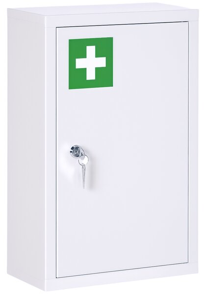 Kleankin Armadietto Medicinali a 3 Ripiani in Acciaio Inox con 2 Chiavi e Montaggio a Parete, 30x14x46 cm, Bianco|Aosom