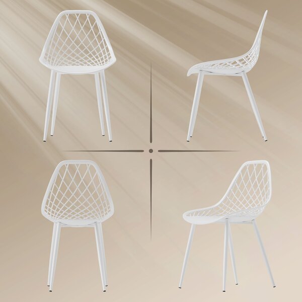 HOMCOM Set 4 Sedie Moderne da Pranzo con Schienale Traforato in Plastica e Gambe in Metallo, per Cucina e Soggiorno, Bianco|Aosom Italy