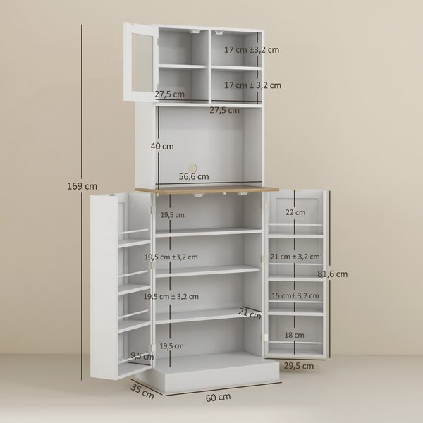 HOMCOM Dispensa da Cucina Porta Microonde con Ripiani Aperti e Armadietto con Portaspezie, 60x35x169 cm, Bianco | Aosom Italy