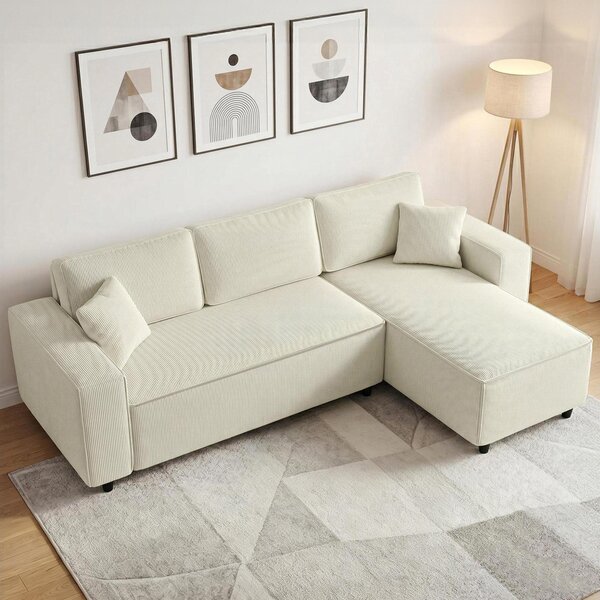 HOMCOM Divano con Penisola a 3 Posti in Tessuto Effetto Velluto, Schiuma e Nylon, 241x153x83 cm, Bianco Crema | Aosom Italy