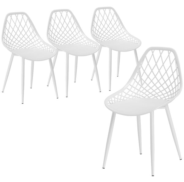 HOMCOM Set 4 Sedie Moderne da Pranzo con Schienale Traforato in Plastica e Gambe in Metallo, per Cucina e Soggiorno, Bianco|Aosom Italy