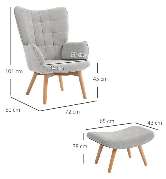 HOMCOM Poltrona Relax con Pouf Poggiapiedi in Velluto a Costine con Schienale Alto e Braccioli, Grigio | Aosom Italy