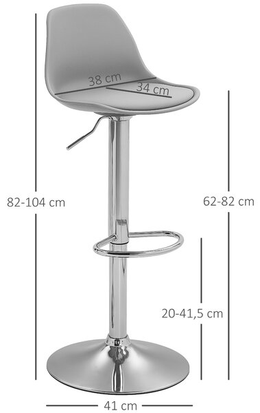 HOMCOM Set 2 Sgabelli Bar con Altezza Regolabile, Sgabelli Cucina Alti in PU con Schienale, Poggiapiedi e Seduta Morbida, Struttura in Acciaio, Sedie Bar Alte Girevoli a 360°, per Penisola, Grigio | Aosom Italy