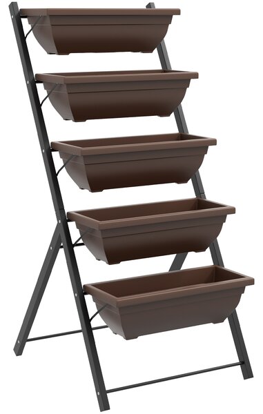 Outsunny Portapiante Verticale a 5 Livelli con 5 Vasi con Fori di Drenaggio, in Acciaio e PE, 55x63x120 cm, Marrone | Aosom Italy