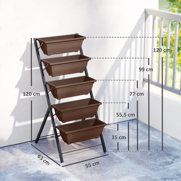 Outsunny Portapiante Verticale a 5 Livelli con 5 Vasi con Fori di Drenaggio, in Acciaio e PE, 55x63x120 cm, Marrone | Aosom Italy