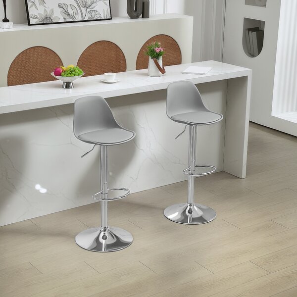 HOMCOM Set 2 Sgabelli Bar con Altezza Regolabile, Sgabelli Cucina Alti in PU con Schienale, Poggiapiedi e Seduta Morbida, Struttura in Acciaio, Sedie Bar Alte Girevoli a 360°, per Penisola, Grigio | Aosom Italy